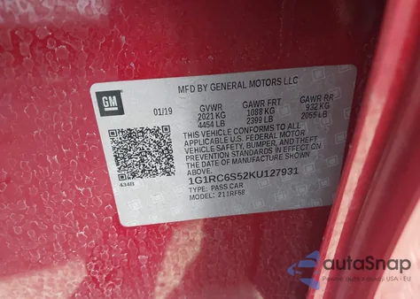 2019 Chevrolet Volt Lt z USA, uszkodzony, nr VIN 1G1RC6S52KU127931